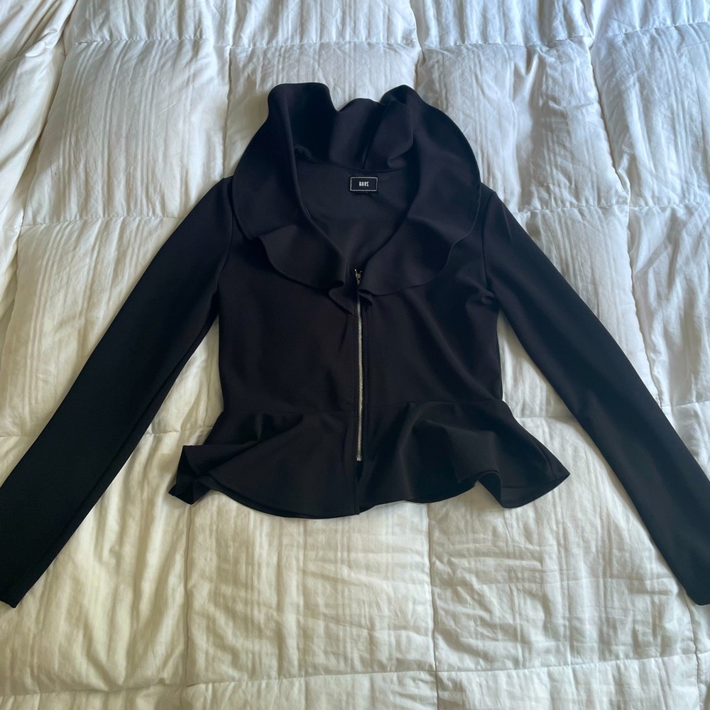 HAVE brand, black peplum top with zipper front.